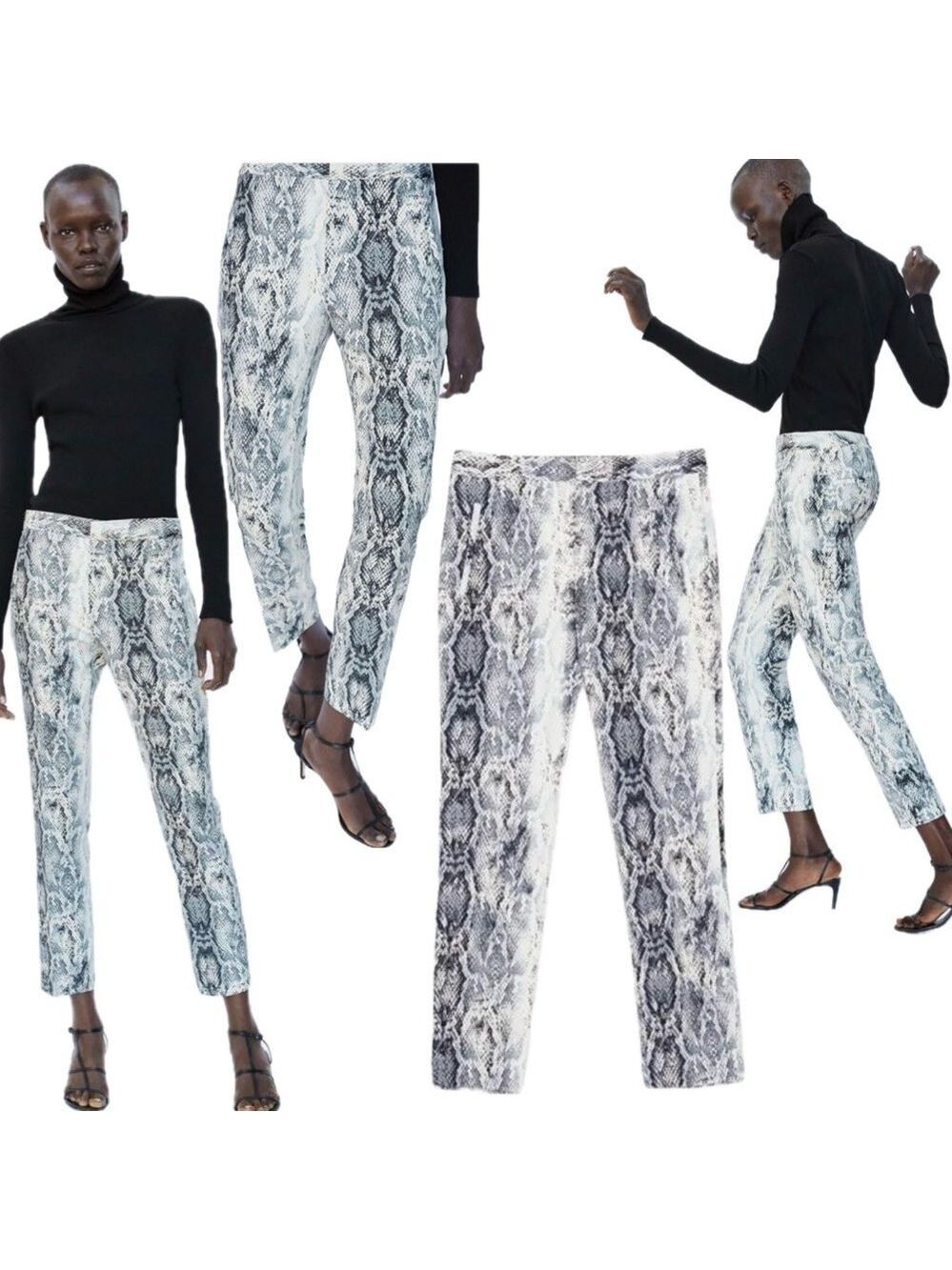 Zara cream gray snake print cropped slim fit cigarette pants Sz M